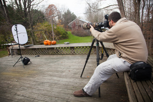 Here I am setup on my friend's deck trying out the setup which worked pretty well for a first try.  Photograph courtesy of Melissa Groo - http://melissagroo.com